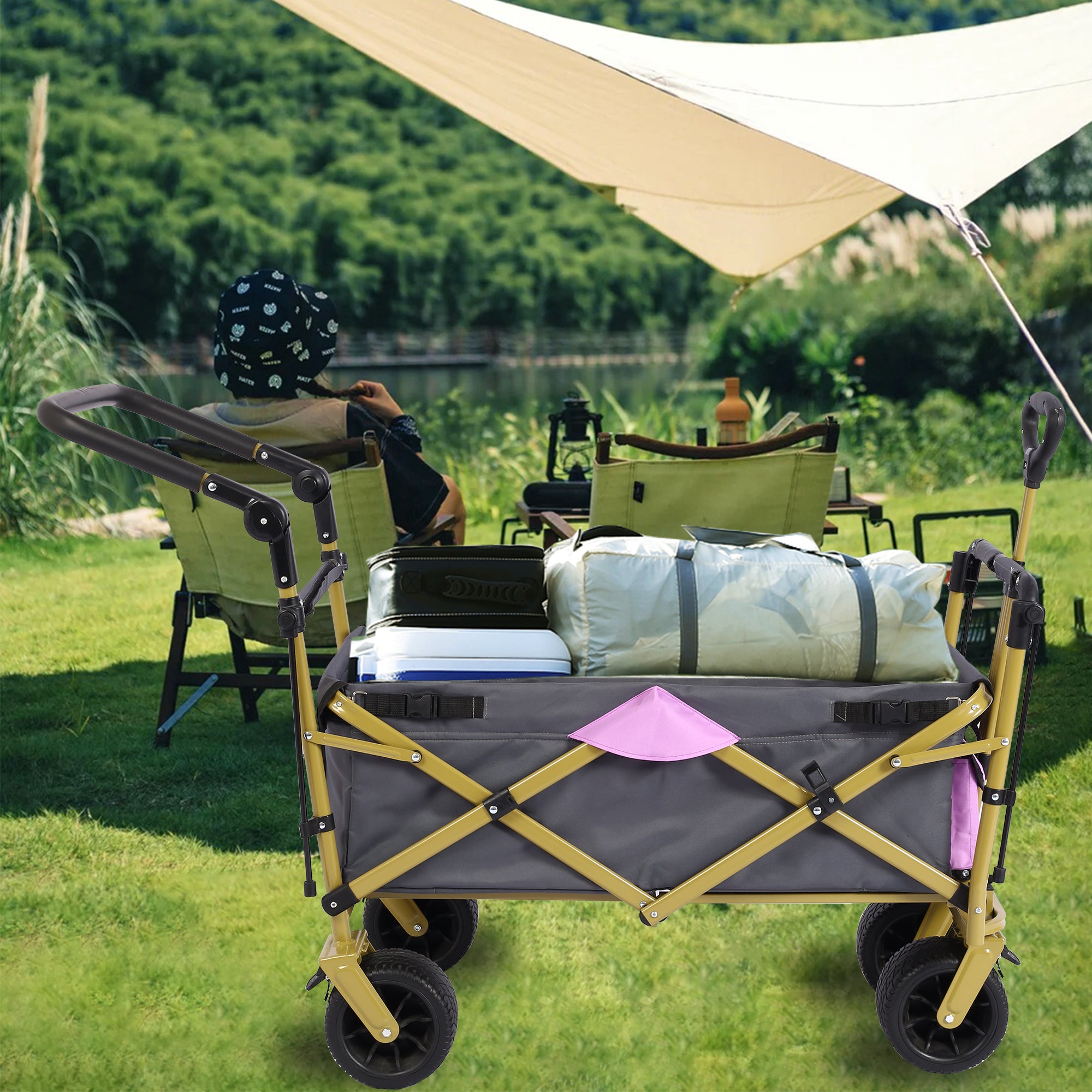 Collapsible Folding Wagon with Removable Canopy, Heavy Duty Foldable Wagon Utility Cart for Garden, Camping, Grocery Cart, Beach Wagon Cart with Wheels and Rear Storage, Camouflage Collapsible Folding Wagon with Removable Canopy, Heavy Duty Foldable Wagon Utility Cart for Garden, Camping, Grocery Cart, Beach Wagon Cart with Wheels and Rear Storage, Camouflage